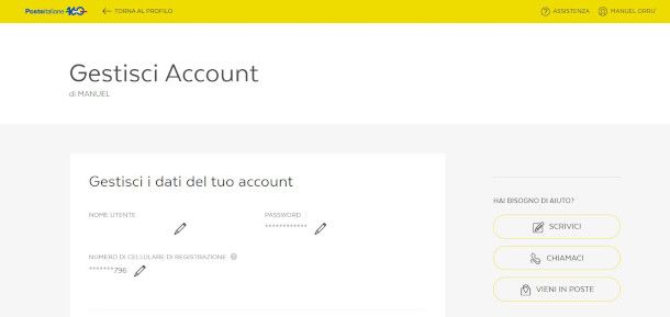 pagina gestione account sito Poste Italiane