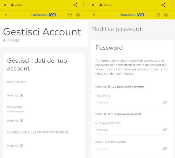modifica password BancoPosta da app
