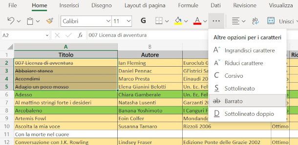 barrare una casella su Excel online