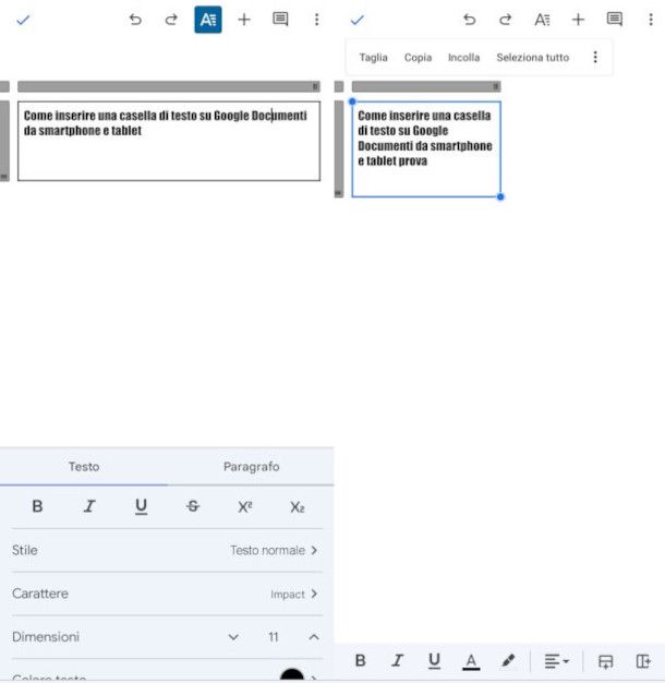 inserimento testo i una cella su app Google Documenti e gestione dimensioni della tabella 