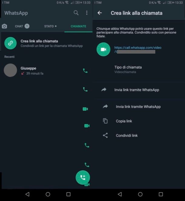 Creare link chiamate WhatsApp su Android