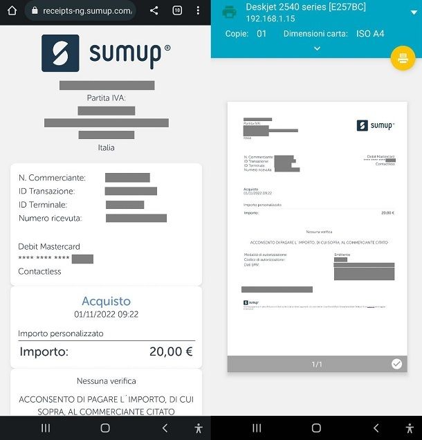 Come stampare ricevuta SumUp da SMS