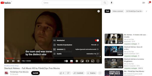 impostazione sottotitoli film in inglese su YouTube da sito