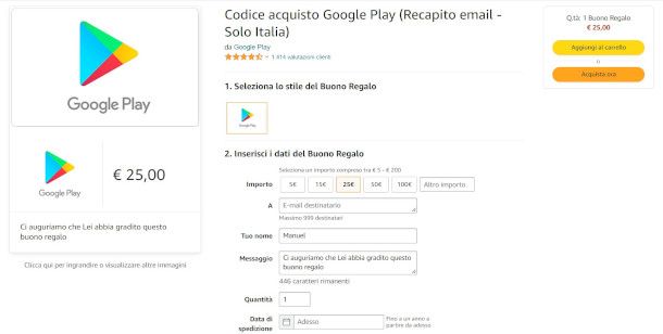 acquisto carte regalo Google Play su Amazon