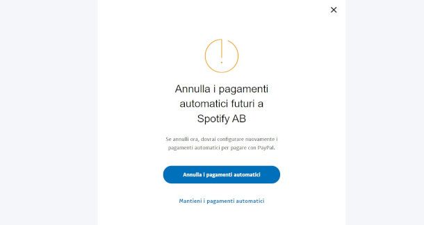 conferma dell'intenzione di annullare un pagamento ricorrente su sito PayPal