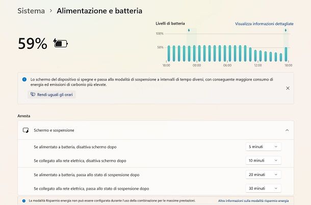 windows alimentazione e batteria