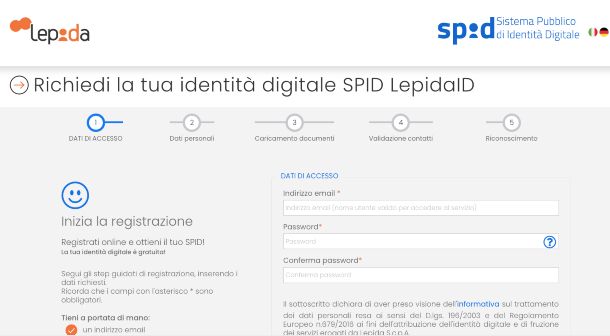 Spid Lepida, pagina di registrazione