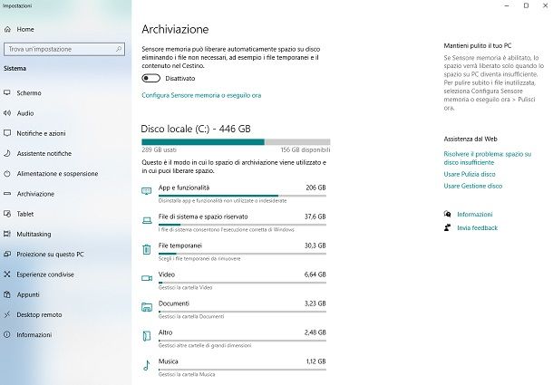 impostazioni di archiviazione