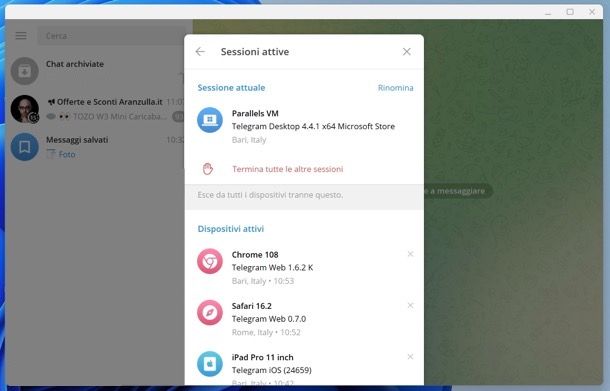 Come verificare le sessioni attive di Telegram su Windows