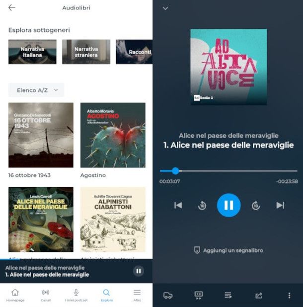 sezione Audiolibri app RaiPlay Sound e schermata player integrato