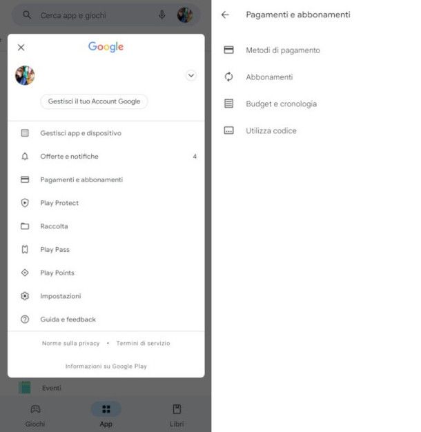 accesso metodi di pagamento su app Google Play Store