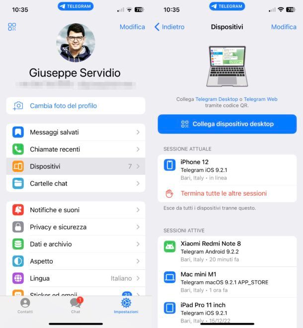 Come verificare le sessioni attive di Telegram su iOS/iPadOS