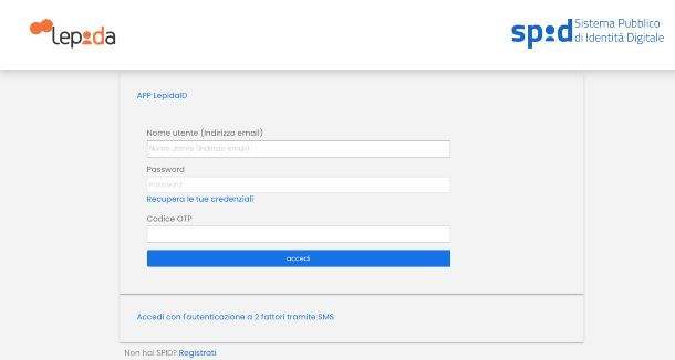 SPID Lepida, pagina di accesso