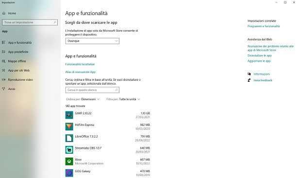 disinstalla applicazioni