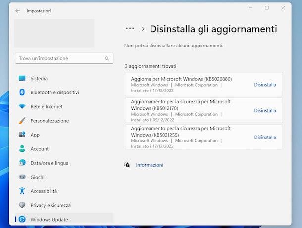 Disinstallare aggiornamenti da Cronologia aggiornamenti