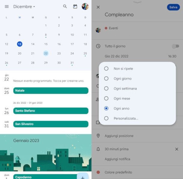 aggiunta evento su app Google Calendar