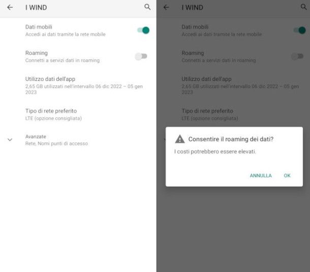 attivazione roaming dati su smartphone Android