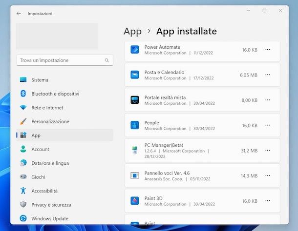 Disinstallare programmi da Windows 11