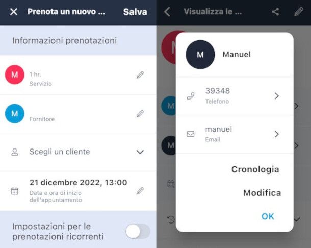 funzioni per la creazione di un appuntamento e per contattare il cliente su app SimplyBook iPhone