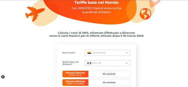 pagina del sito WINDTRE per la consultazione delle tariffe all'estero