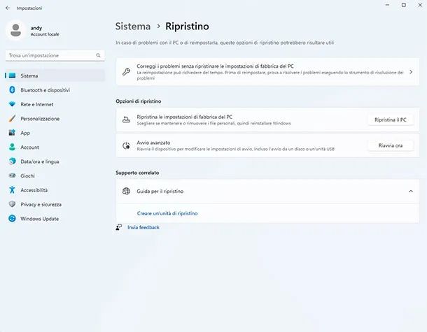 Ripristino di Windows 11 ai dati di fabbrica
