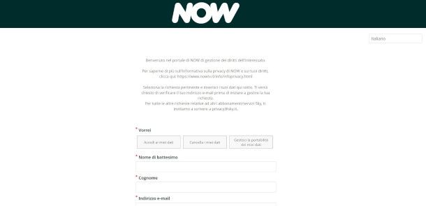 modulo per la cancellazione dei dati relativi all'account NOW