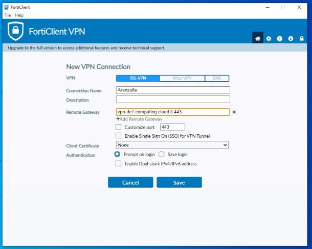 FortiClient, accesso server Aruba VPN