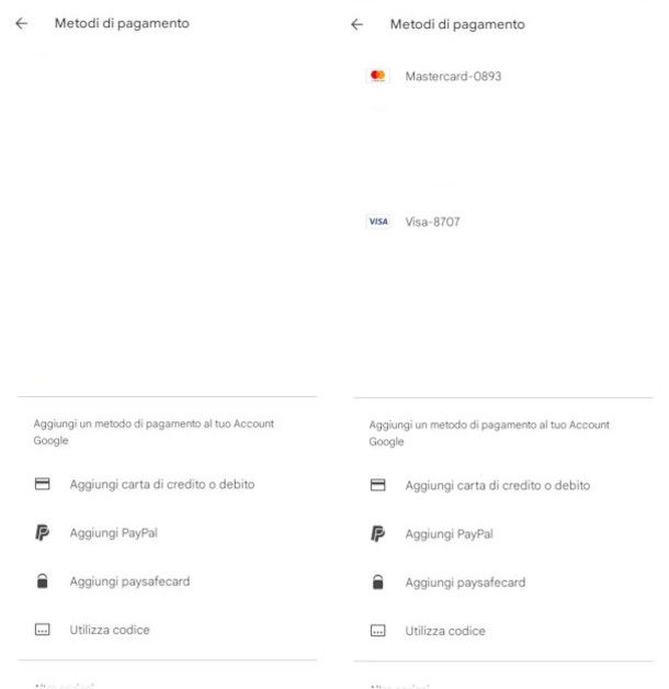aggiunta carta di credito su app Google Play Store