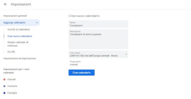 creazione calendario su Google Calendar da Web