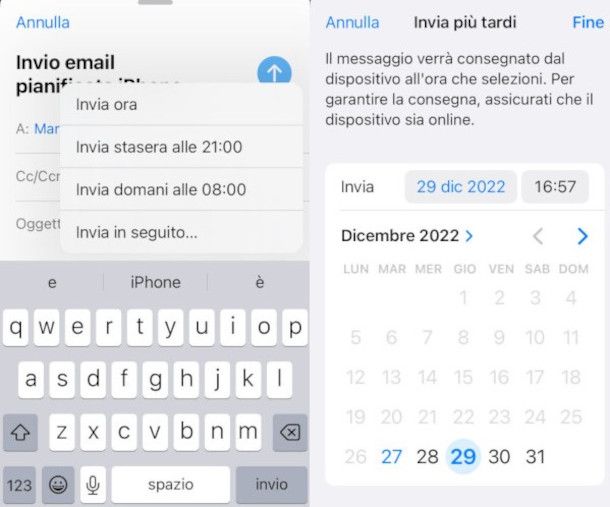 programmazione invio email da client Mail su iPhone