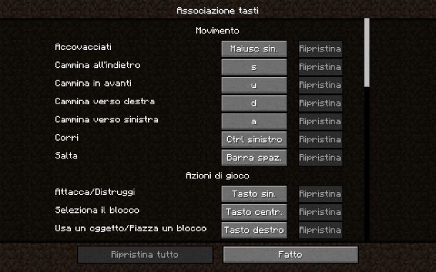 Minecraft comandi tastiera