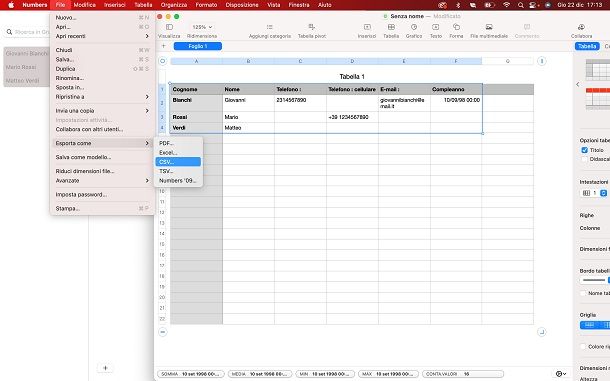 Convertire VCF a CSV con Mact tramite Numbers