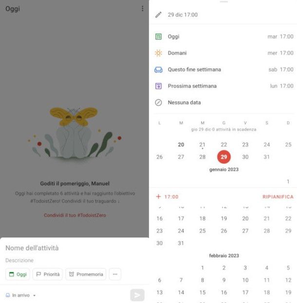 schermate per l'impostazione di un'attività su app Todoist