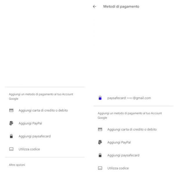 aggiunta ccount paysafecard su app Google Play Store come metodo di pagamento