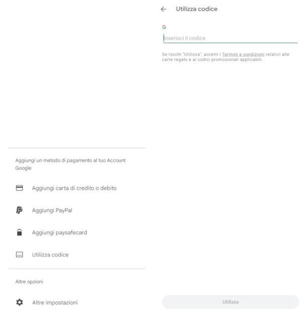 Inserimento codice carta regalo su app Google Play Store