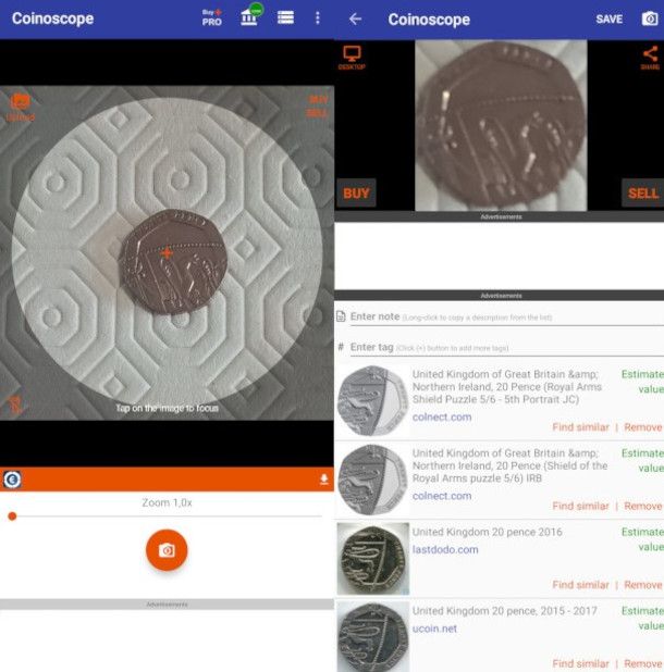 riconoscimento moneta con app Coinoscope