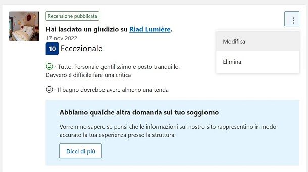 booking eliminare recensione