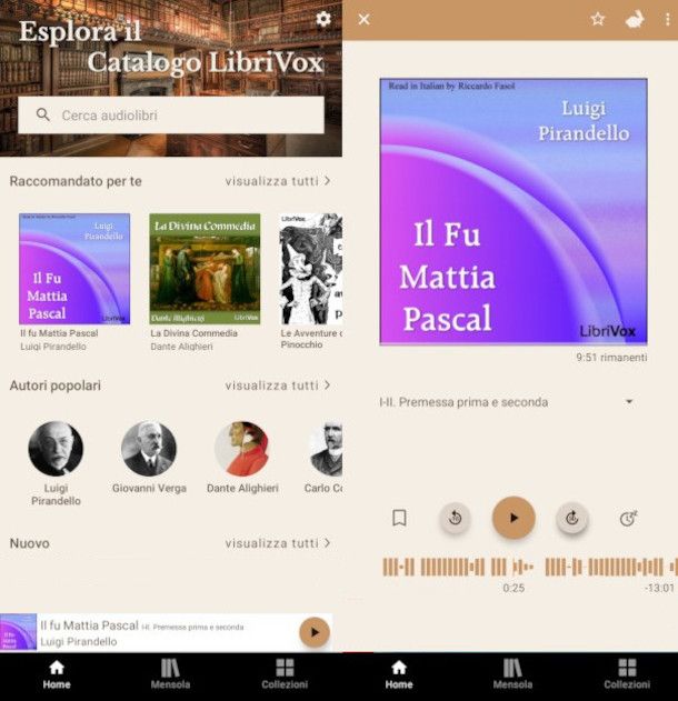 accesso catalogo app LibriVox e riproduzione di un contenuto