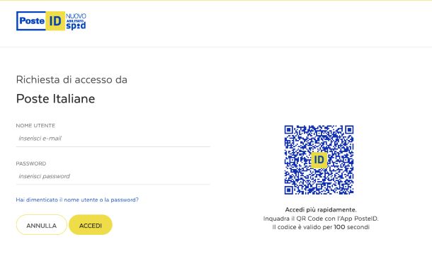 Pagina di accesso allo SPID Poste