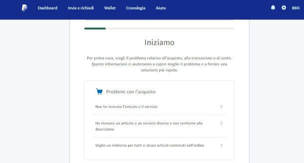 funzione Segnala un problema su sito PayPal