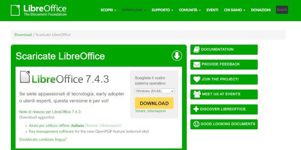 pagina di download di LibreOffice su Windows