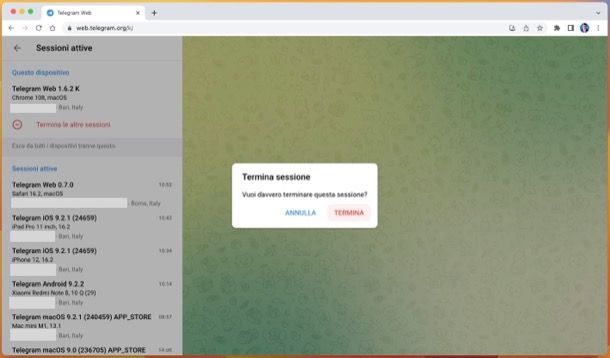Come verificare le sessioni attive di Telegram su Web