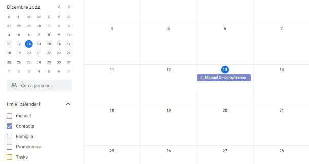 attivazione calendario dei contatti su Google Calendar da Web