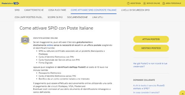 SPID Poste, pagina di attivazione