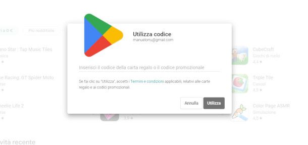 inserimento codice carta regalo su Google Play Store da PC