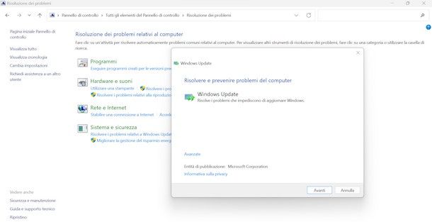 Strumento Risoluzione dei problemi — sezione Windows Update