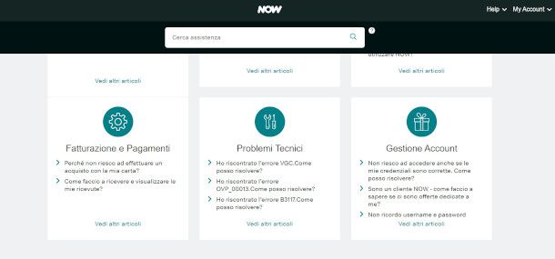 pagina di Assistenza del sito di NOW per la gestione dell'account