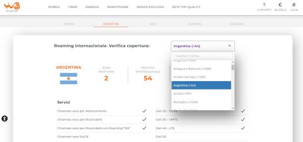 pagina del sito WINDTRE per verificare la copertura della rete all'estero