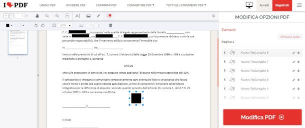 funzionamento servizio online iLoveODF per oscurare parti di un PDF