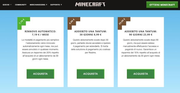 Minecraft Java Realms abbonamento